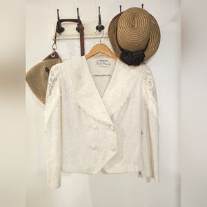 VTG | Farouche Double Breasted Flax Blazer with Lace Detailing, Size Large